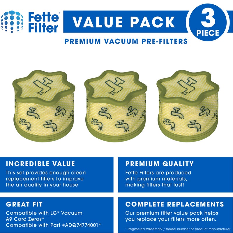 Fette Filter فلتر فيتي - فلتر مسبق بديل متميز A9 متوافق مع مكنسة LG A9 Cord Zero رقم الجزء # ADQ74774001 عبوة 3 - Image 2